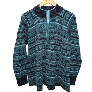 Eddie Bauer Fair Isle Snowflake Print Quarter Zip Sweater Pullover Teal Navy XXL